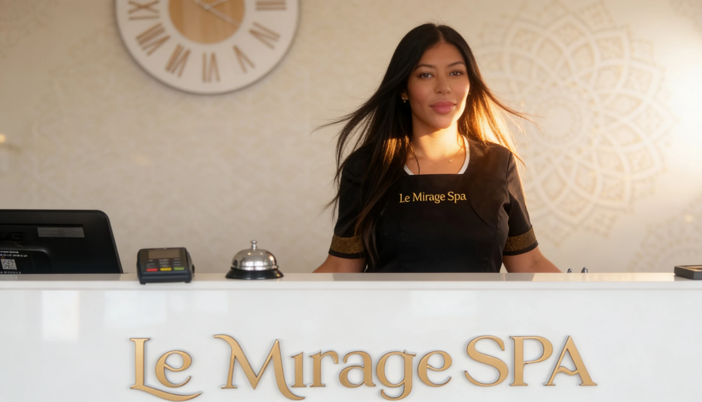 Mounia, fondatrice du Mirage Spa, accueille au comptoir — institut de beauté à Aussonne (31), à 20 min de Toulouse